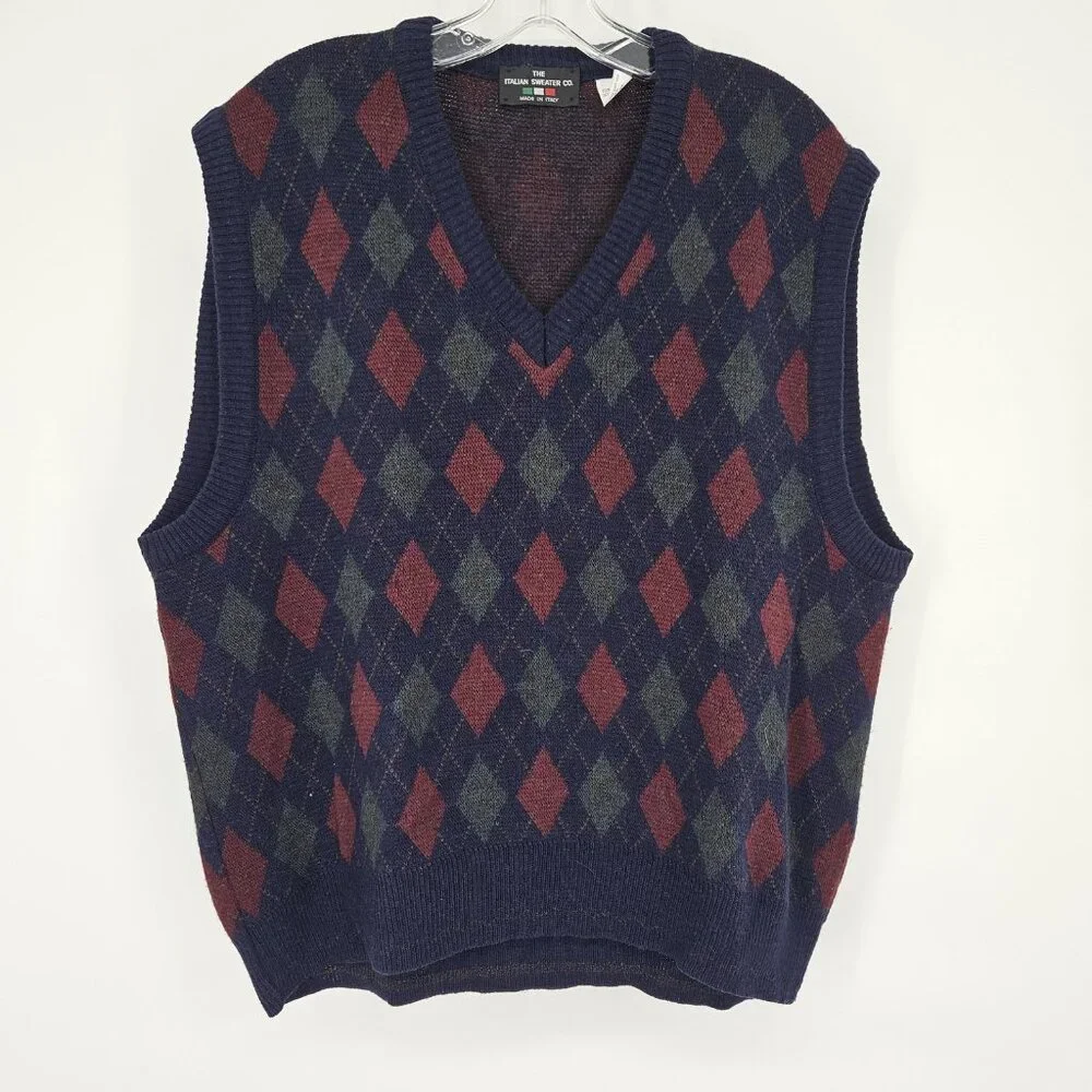 Italian Sweater Co Sweater Vest Mens XL Blue Argyle Wool Blend Made Italy Preppy